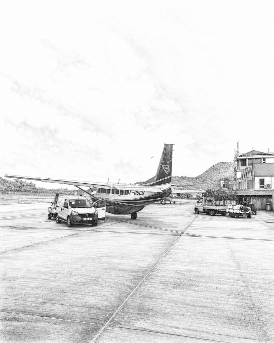 Saint-Barthélemy — L'aérodrome, dessin au crayon
