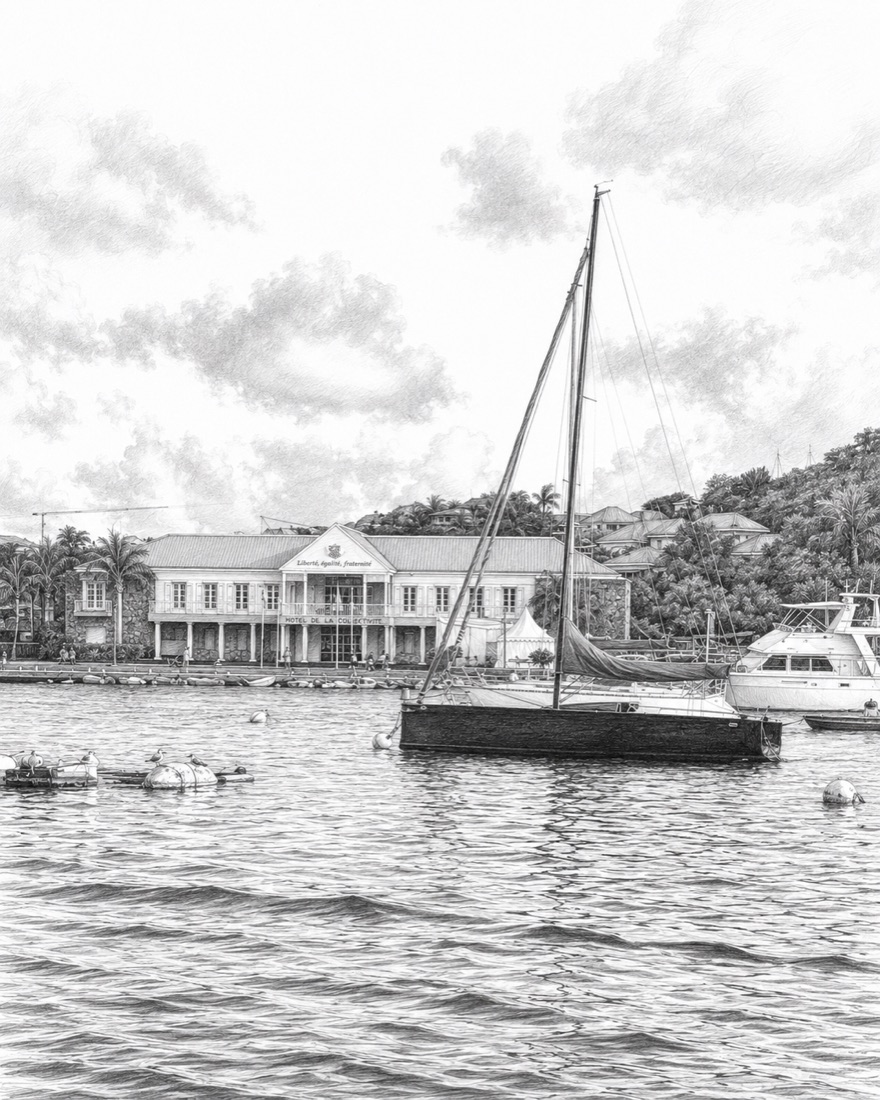 Saint-Barthélemy — front de mer, dessin au crayon