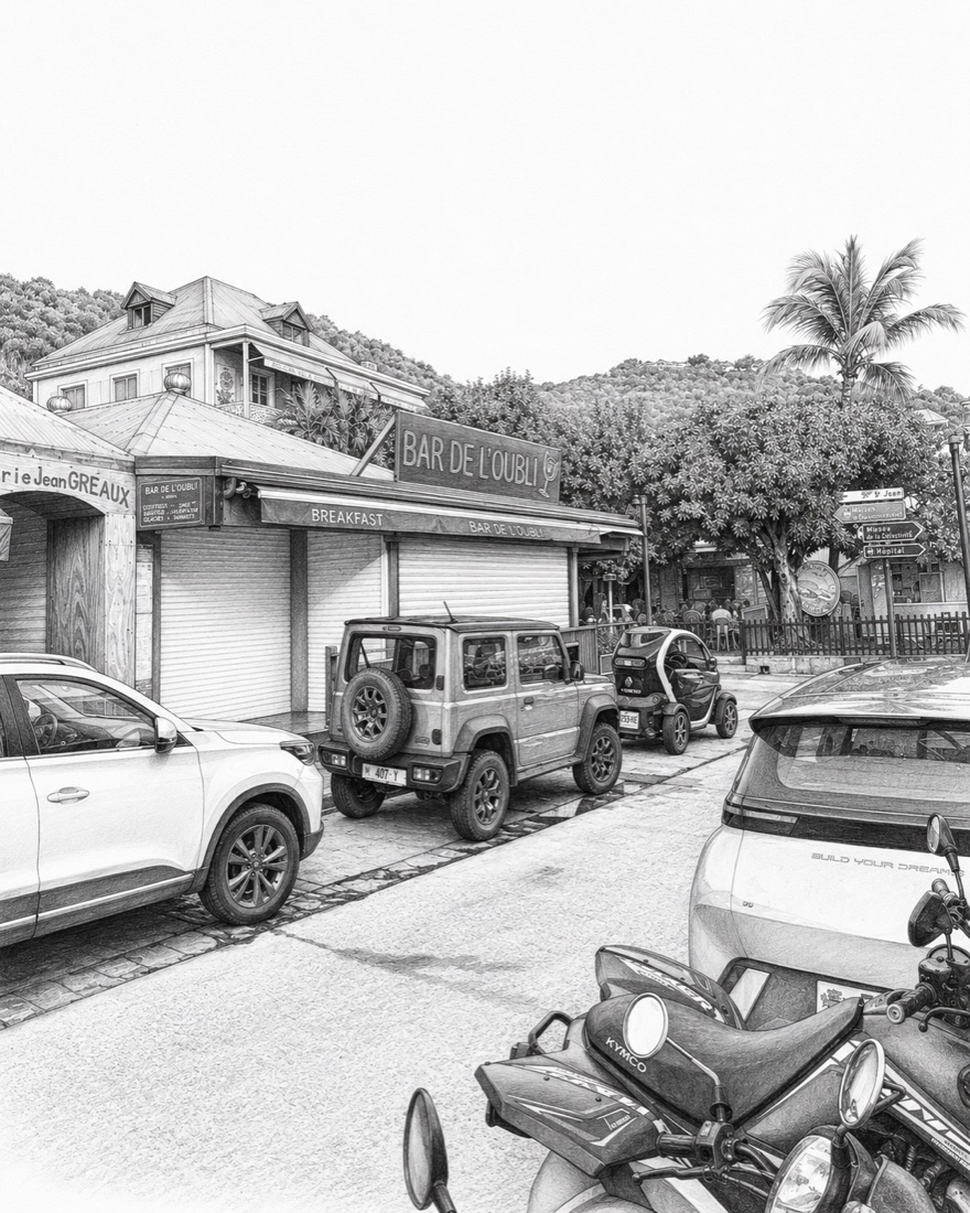Saint-Barthélemy — En ville, dessin au crayon