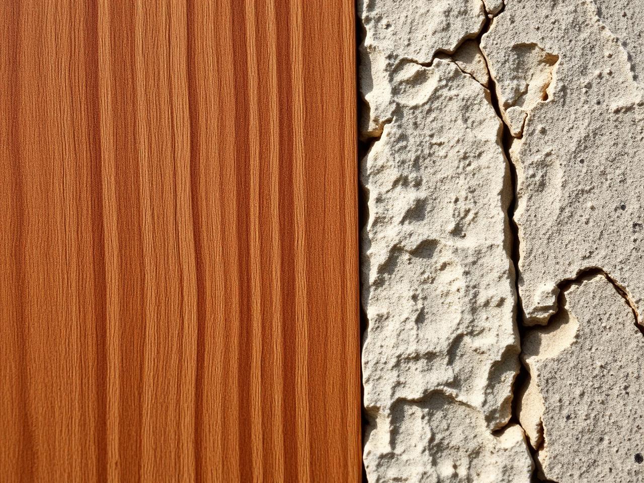 Détail : grain du teck contre la pierre brute.