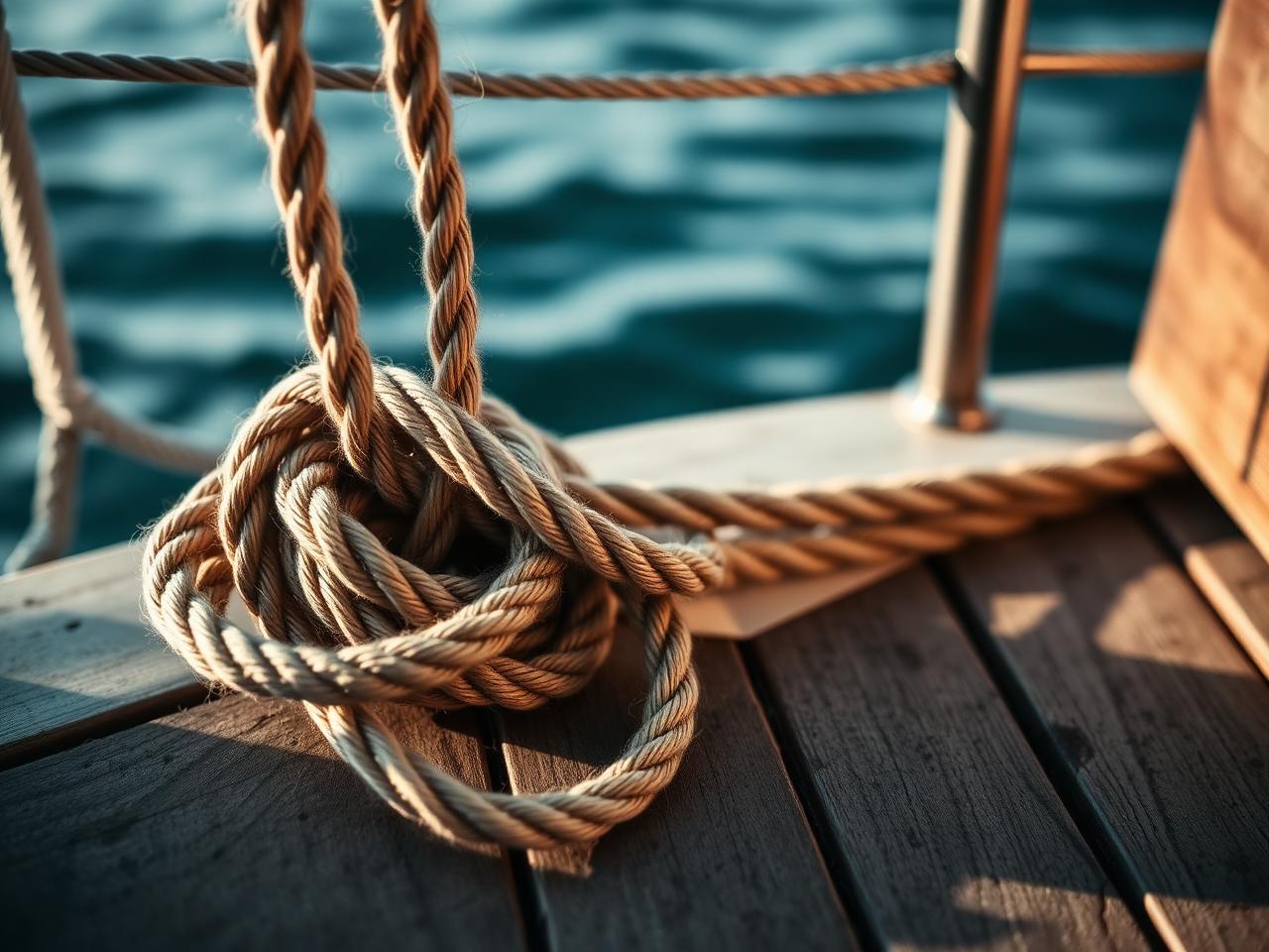 Détail : nœud de cordage sur un pont en teck.