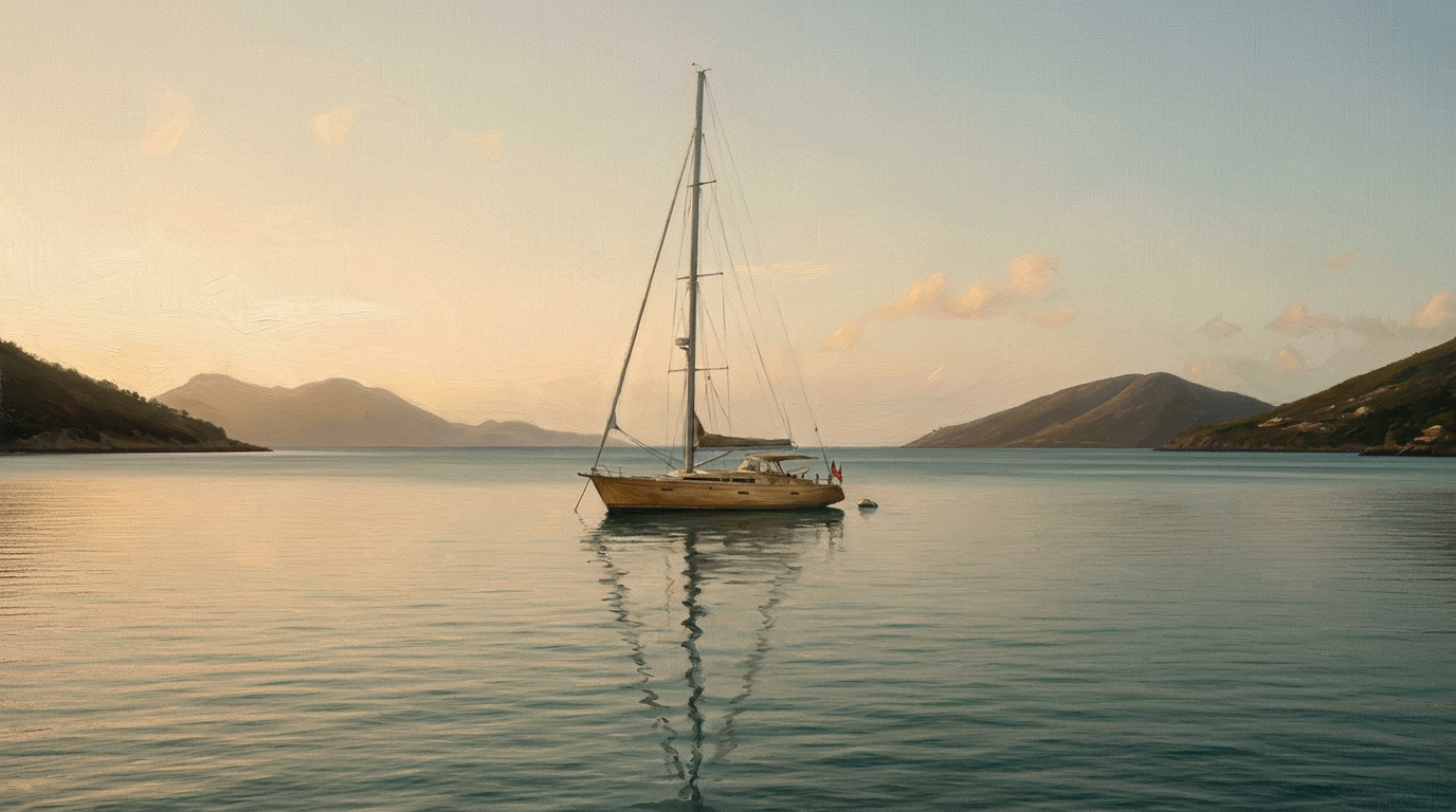 Voilier seul à l'ancre dans une baie de Saint-Barthélemy.