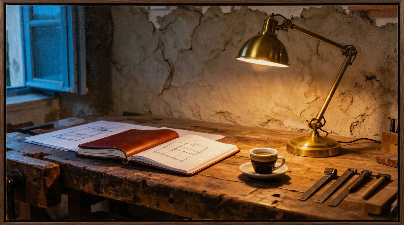 Atelier : carnet en cuir, lampe en laiton, espresso sur un établi en bois.