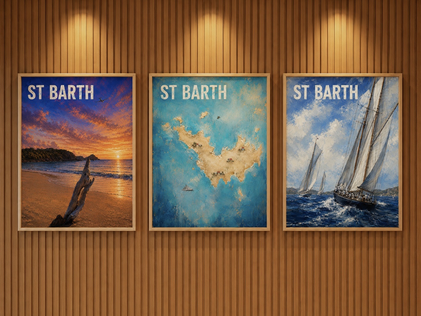 Trois affiches « St Barth » encadrées sur un mur en bois — plage au coucher du soleil, carte de l'île et régate de voiliers.