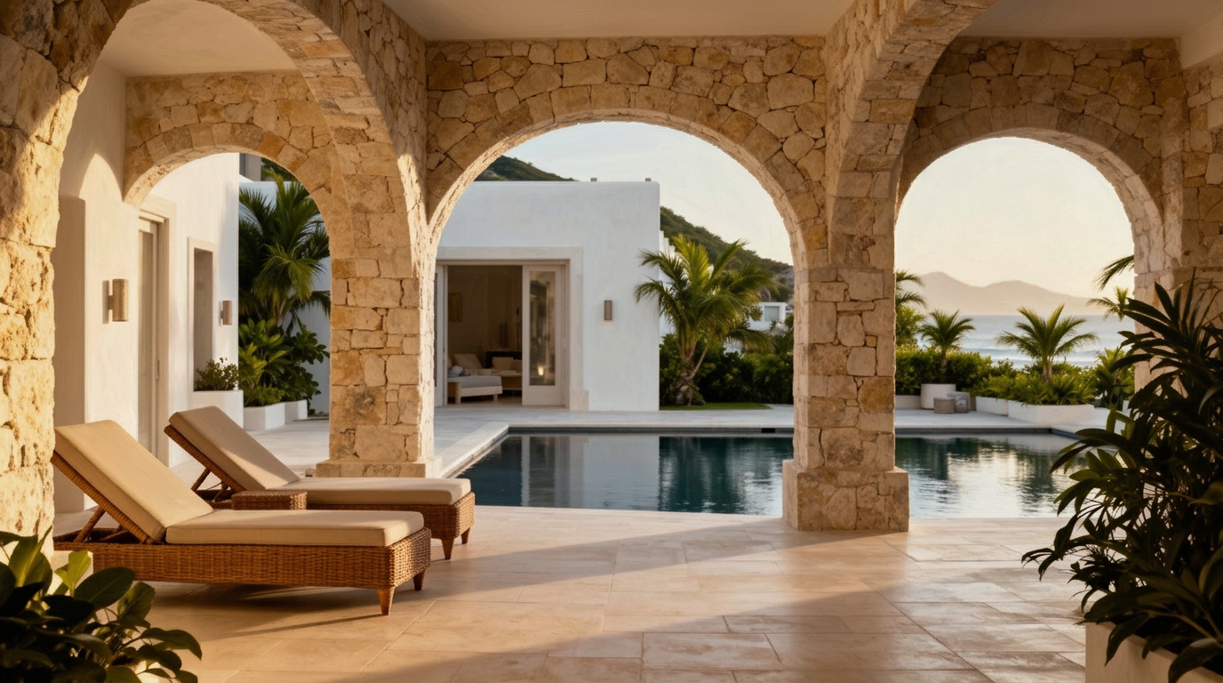 Patio voûté d'un hôtel à Saint-Barthélemy, piscine en miroir.