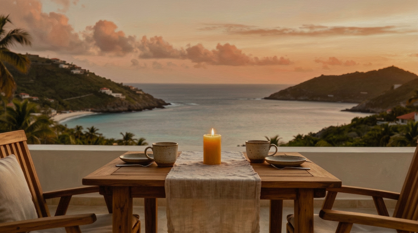 Terrasse de villa au coucher du soleil, table en teck, bougie.